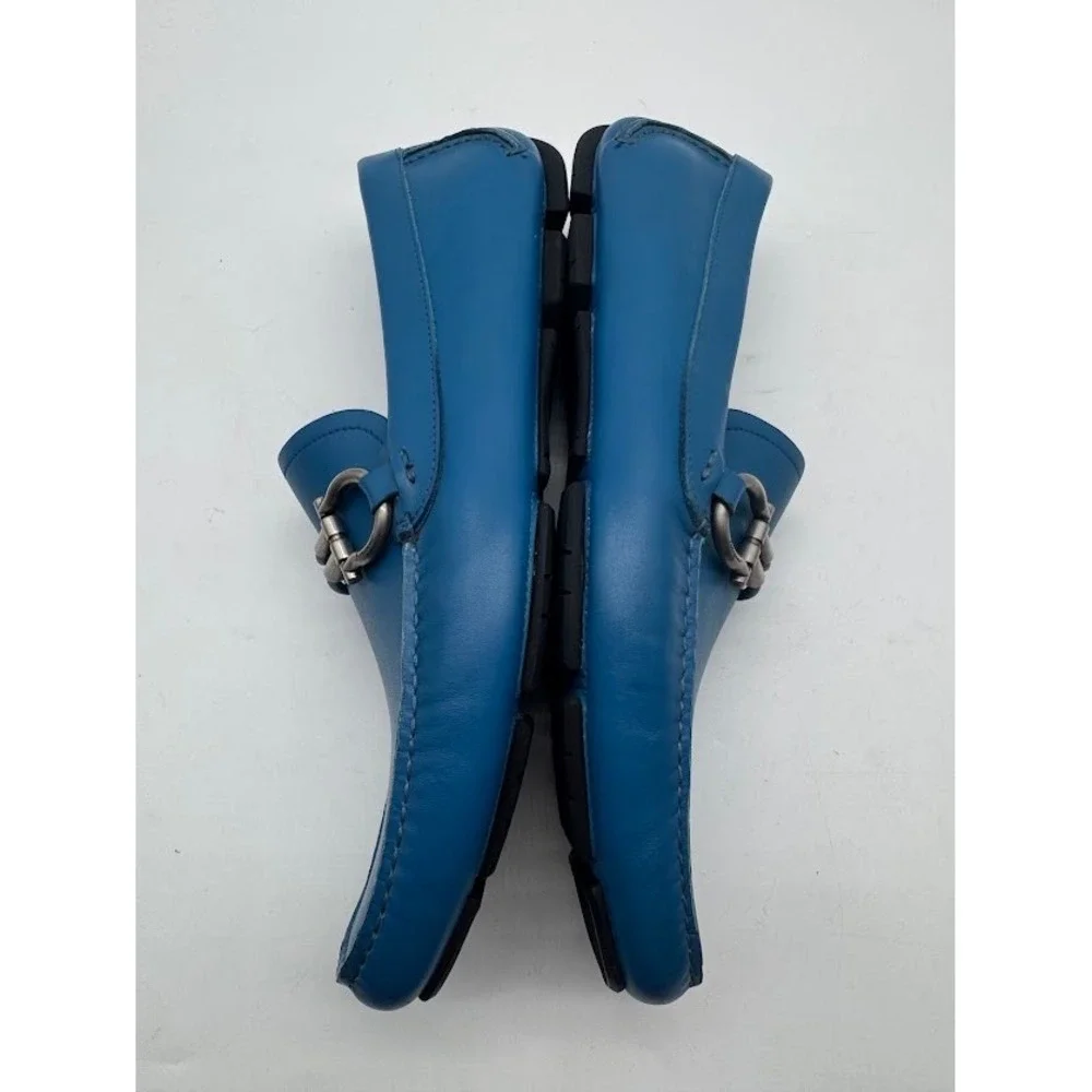 Salvatore Ferragamo Paris Blue Leather Gancini Driving Loafers Mens 8.5 D Italy